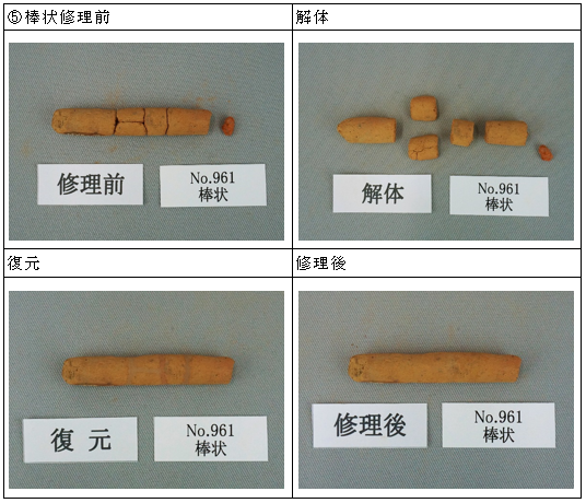 明ヶ島土製品　棒状の修理前、解体、復元、修理後写真