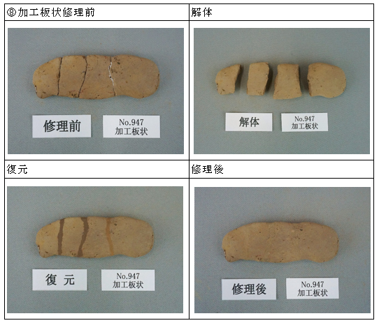 明ヶ島土製品　加工板状の修理前、解体、復元、修理後写真