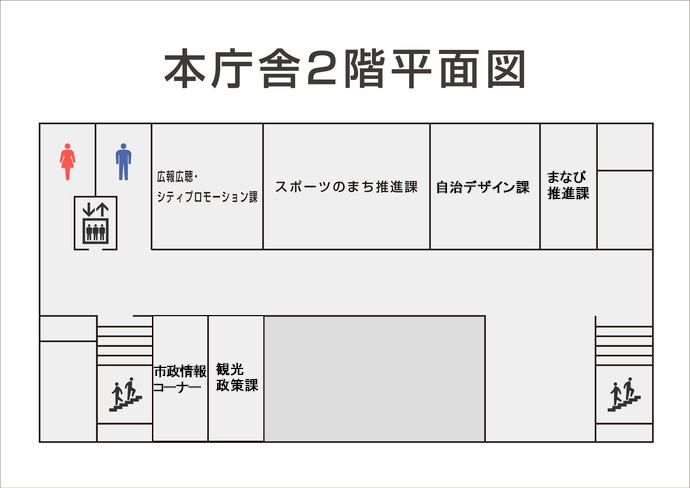 本庁舎2階のフロアマップ（広報広聴・シティプロモーション課、スポーツのまち推進課、自治デザイン課、まなび推進課、観光政策課、市政情報コーナー）