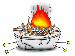 イラスト：灰皿の山盛りの吸殻から出火