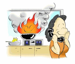 イラスト：鍋から出火に気づかす電話している女性