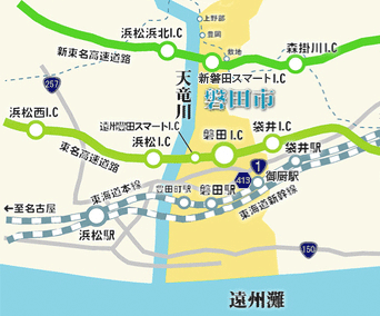 イラスト：磐田市内および近隣の主要幹線道路および線路を示した地図