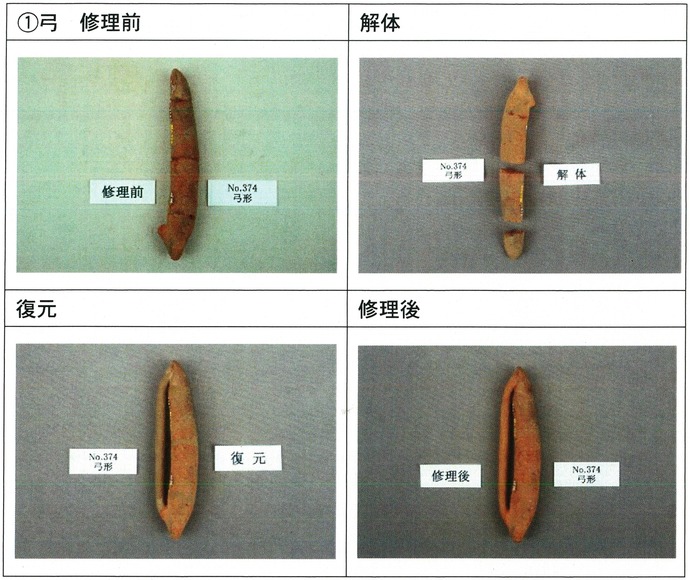 明ヶ島土製品　弓の修理、解体、復元、修理後写真