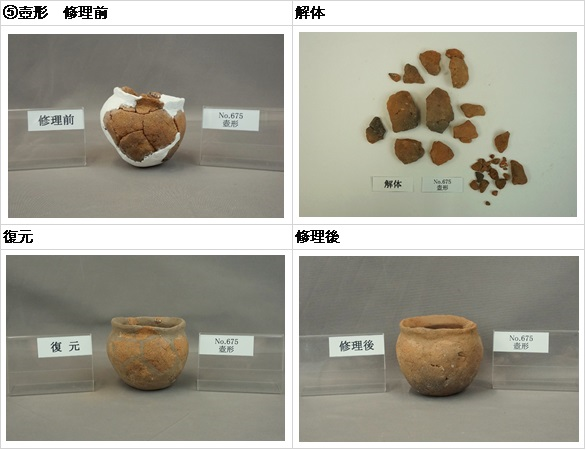 明ケ島土製品　壺形の修理前、解体、復元、修理後写真