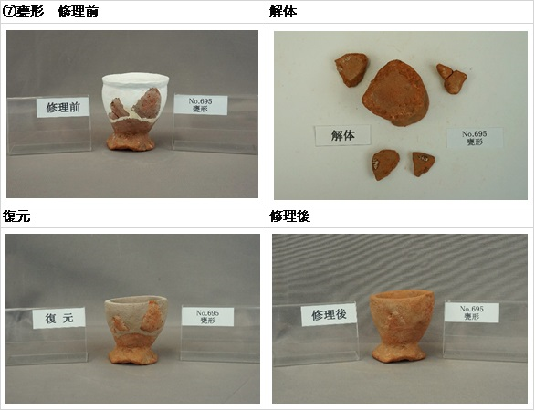 明ケ島土製品　壺形の修理前、解体、復元、修理後写真