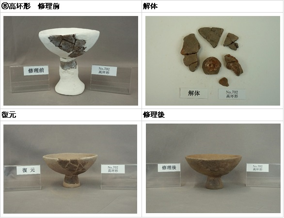 明ケ島土製品　高坏形修理前、解体、復元、修理後写真