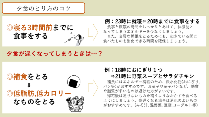 夕食のとり方のコツ「寝る3時間前までに食事をする」夕食が遅くなってしまうときは、捕食をとる（低脂肪、低カロリーなものをとる）