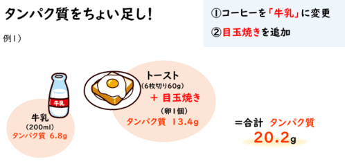 目玉焼きをのせたトーストと牛乳の食事組み合わせは、タンパク質が約20.0g含まれる