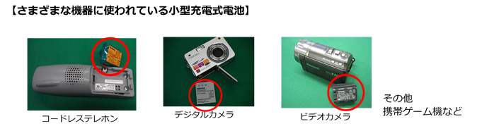 充電式電池が使用されているコードレスイヤホン・デジタルカメラ・ビデオカメラの写真